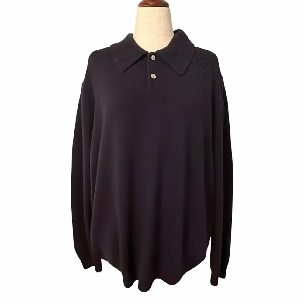 Henry Cotton’s Men XL 100% Merino Wool Knit Polo Sweater Navy Blue Long Sleeve